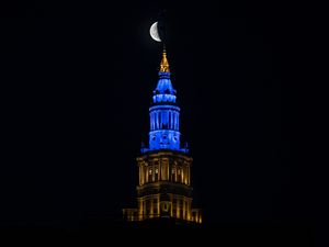 Preview wallpaper building, moon, night, backlight, dark