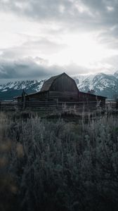 Preview wallpaper building, mountains, farm, wooden, old