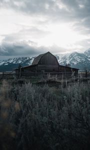 Preview wallpaper building, mountains, farm, wooden, old