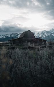 Preview wallpaper building, mountains, farm, wooden, old