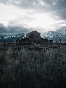 Preview wallpaper building, mountains, farm, wooden, old