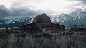 Preview wallpaper building, mountains, farm, wooden, old