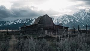 Preview wallpaper building, mountains, farm, wooden, old