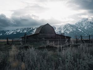 Preview wallpaper building, mountains, farm, wooden, old