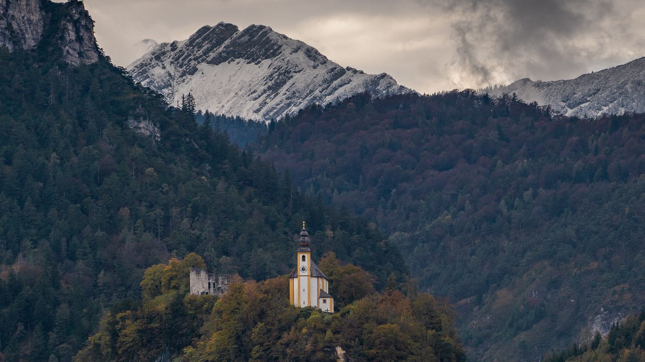 Wallpaper building, mountains, forest, trees, rocks