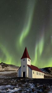 Preview wallpaper building, mountains, northern lights, night