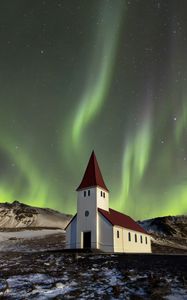 Preview wallpaper building, mountains, northern lights, night