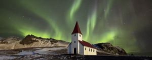Preview wallpaper building, mountains, northern lights, night