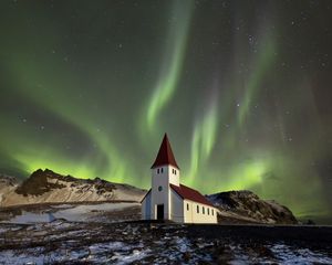 Preview wallpaper building, mountains, northern lights, night