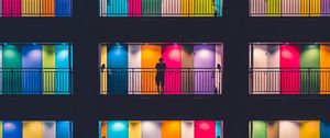 Preview wallpaper building, multicolored, doors, balconies, silhouette