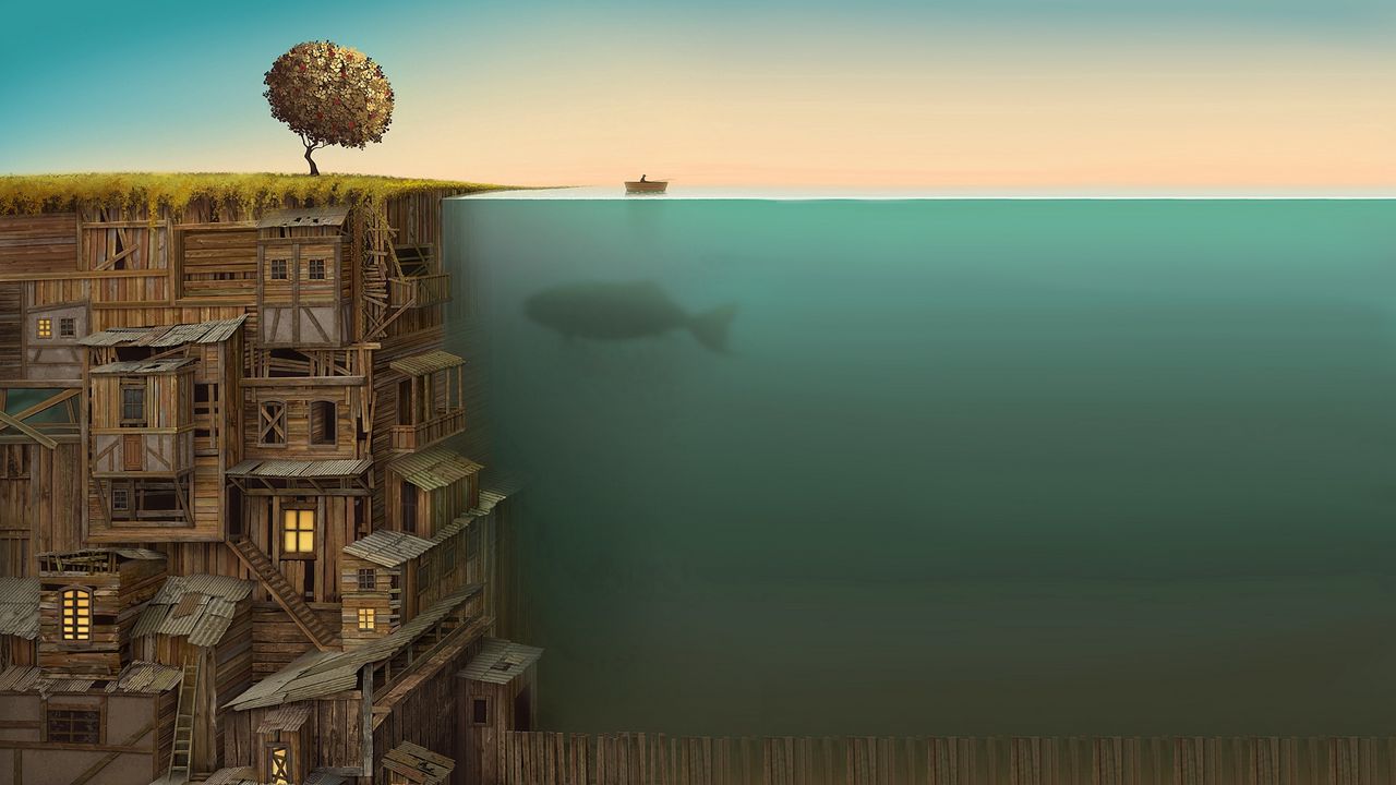 Wallpaper building, multi-storey, under water, whale, improvisation, bottom, tree