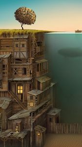 Preview wallpaper building, multi-storey, under water, whale, improvisation, bottom, tree