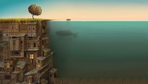 Preview wallpaper building, multi-storey, under water, whale, improvisation, bottom, tree