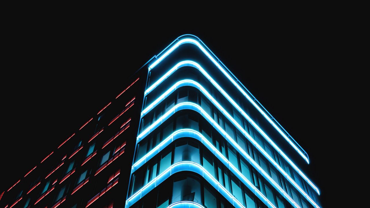Wallpaper building, neon, bottom view
