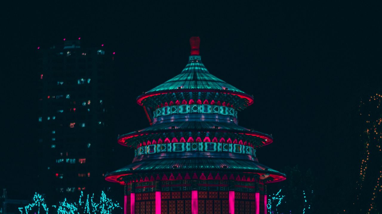 Wallpaper building, neon, reflection, water