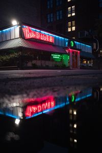 Preview wallpaper building, neon, sign, puddle, reflection