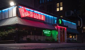 Preview wallpaper building, neon, sign, puddle, reflection