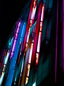 Preview wallpaper building, neon, signage, blur, dark