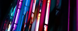 Preview wallpaper building, neon, signage, blur, dark