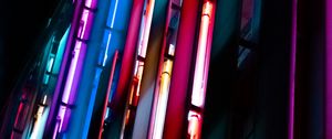 Preview wallpaper building, neon, signage, blur, dark