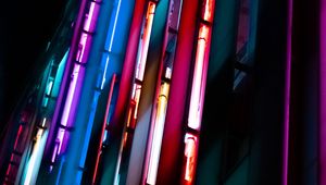 Preview wallpaper building, neon, signage, blur, dark