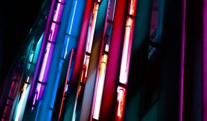 Preview wallpaper building, neon, signage, blur, dark