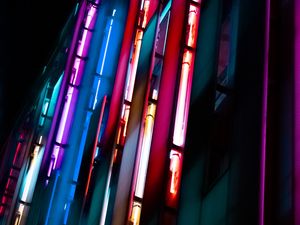 Preview wallpaper building, neon, signage, blur, dark