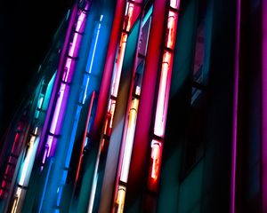 Preview wallpaper building, neon, signage, blur, dark