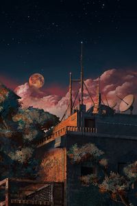 Preview wallpaper building, night, art, antennas, starry sky