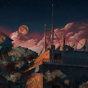 Preview wallpaper building, night, art, antennas, starry sky