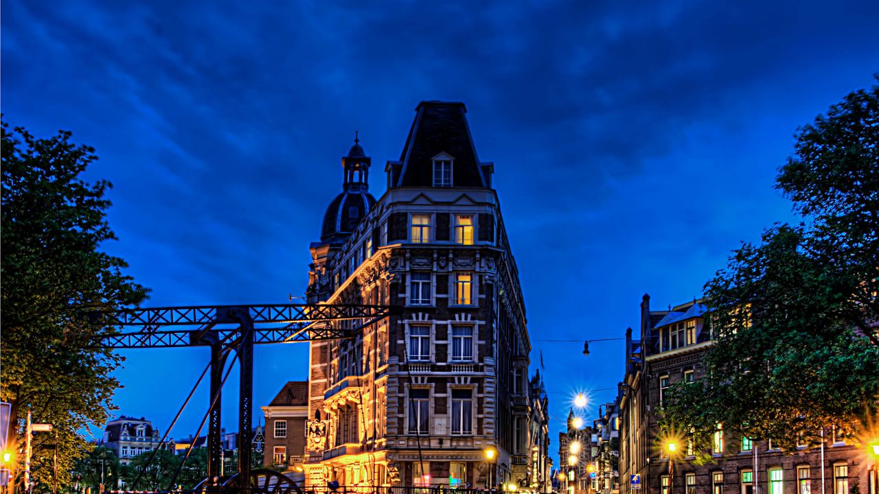 Wallpaper building, night city, bridge, reflection, lights