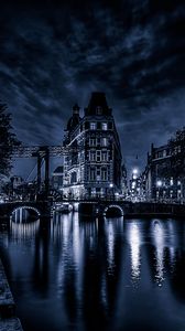 Preview wallpaper building, night city, facade, bridge, river