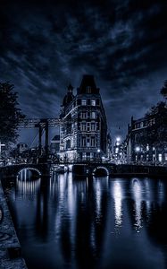 Preview wallpaper building, night city, facade, bridge, river