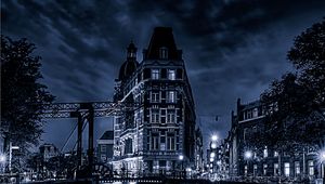 Preview wallpaper building, night city, facade, bridge, river