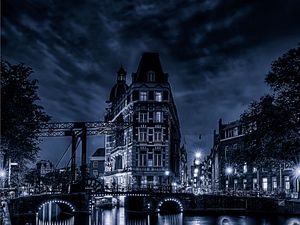Preview wallpaper building, night city, facade, bridge, river