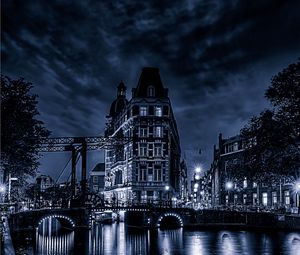 Preview wallpaper building, night city, facade, bridge, river