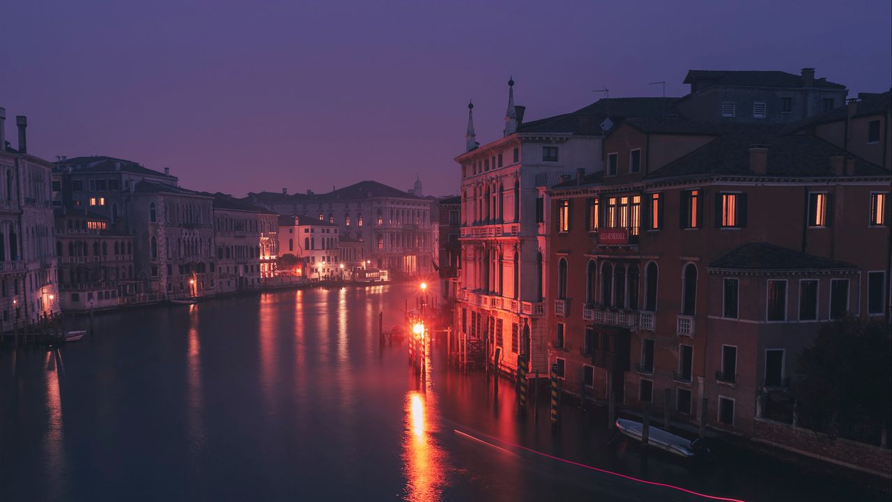 Wallpaper building, night city, lights, river