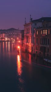 Preview wallpaper building, night city, lights, river
