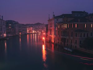 Preview wallpaper building, night city, lights, river