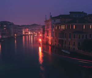 Preview wallpaper building, night city, lights, river