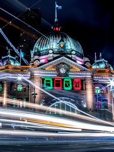 Preview wallpaper building, night city, long exposure, melbourne, australia