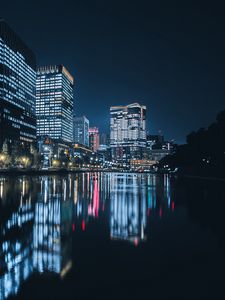 Preview wallpaper building, night city, skyscraper, glow