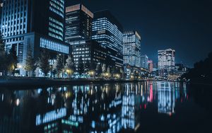 Preview wallpaper building, night city, skyscraper, glow
