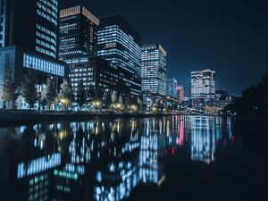 Preview wallpaper building, night city, skyscraper, glow