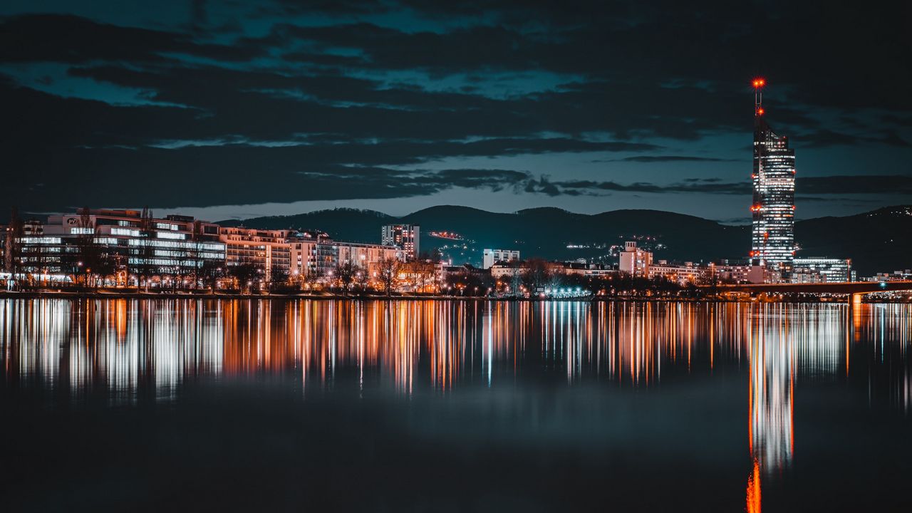 Wallpaper building, night city, tower