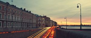 Preview wallpaper building, night, river, bridge, city, street