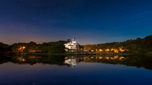 Preview wallpaper building, night, sky, lake