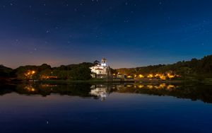 Preview wallpaper building, night, sky, lake