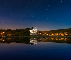 Preview wallpaper building, night, sky, lake