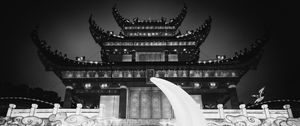 Preview wallpaper building, pagoda, architecture, asia, moon, black and white